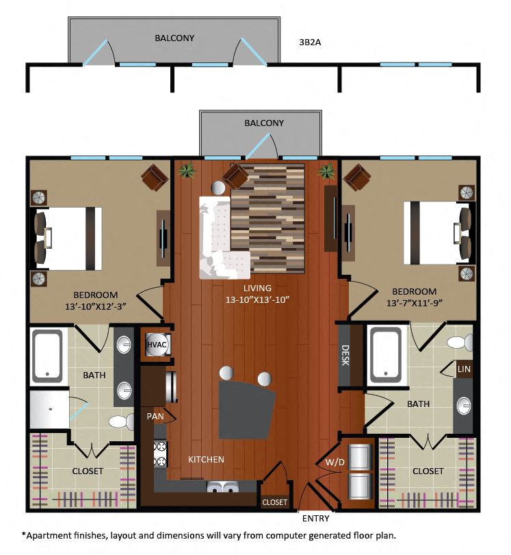 Floor plan for 2 beds, 2 baths, 1170 sqft